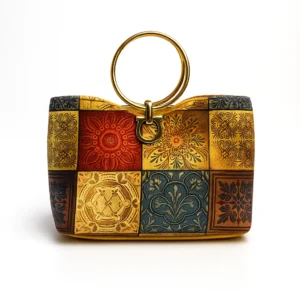 Bohemian Mosaic Print Handbag with Golden Ring Handle