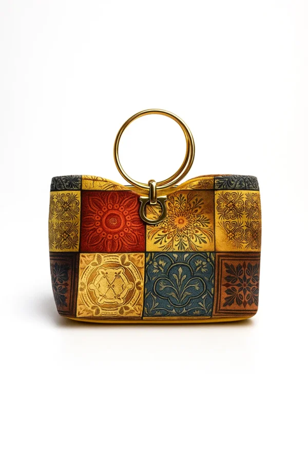 Bohemian Mosaic Print Handbag with Golden Ring Handle - Image 2