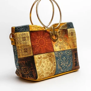 Bohemian Mosaic Print Handbag with Golden Ring Handle