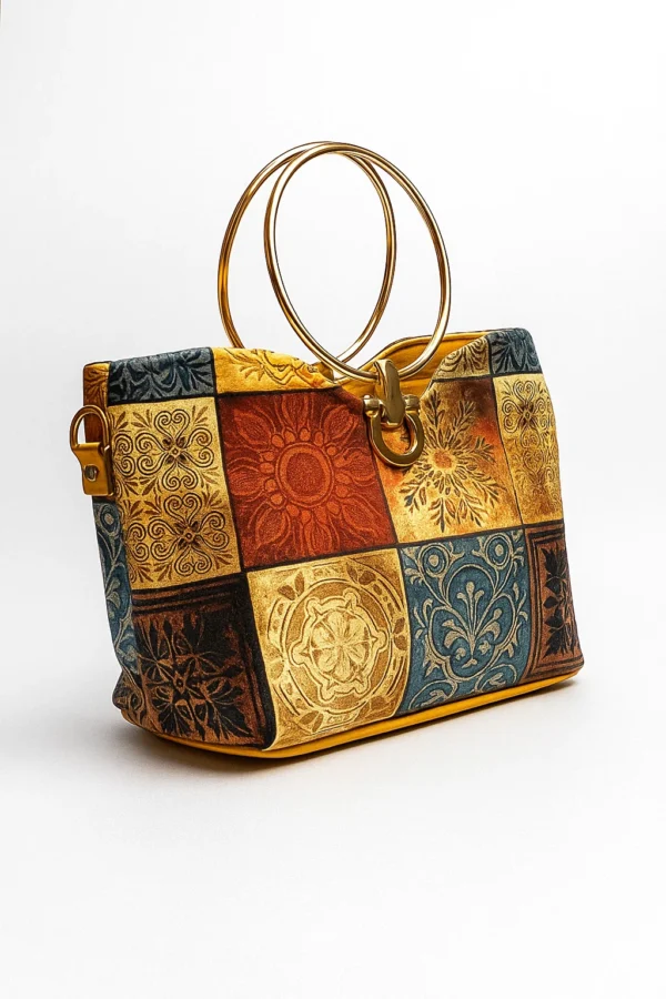 Bohemian Mosaic Print Handbag with Golden Ring Handle - Image 3