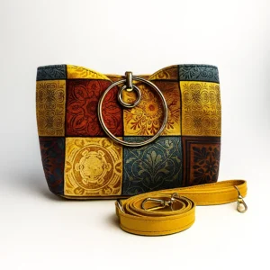 Bohemian Mosaic Print Handbag with Golden Ring Handle