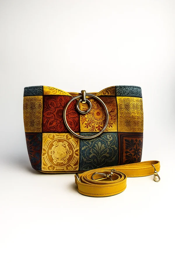 Bohemian Mosaic Print Handbag with Golden Ring Handle